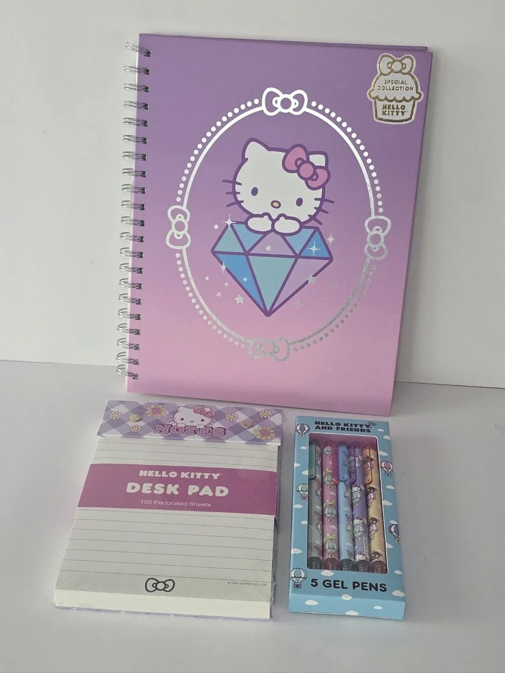 Hello Kitty Stationary  Set Purple Hardcover Notebook + Desk Pad + Gel Pen Set